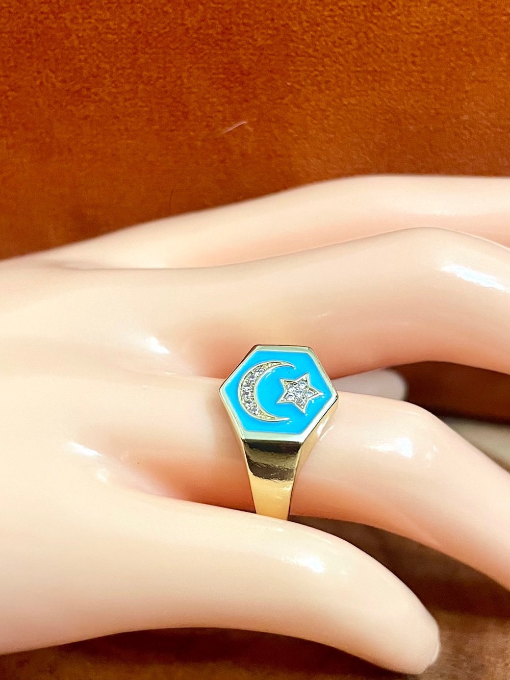 Turquoise Enamel and CZ Moon and Star Gold Filled Adjustable Ring NWOT